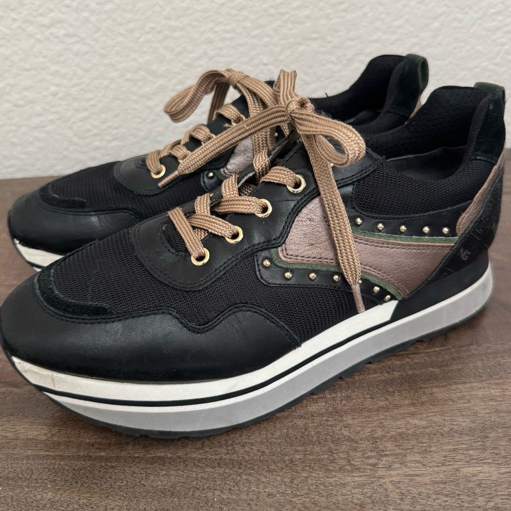Nero Giardini Black Gold Leather Platform Fashion Sneakers 39